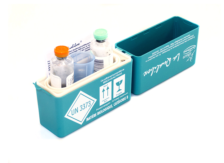 Coffrets triple emballage pour flacons spécialement conçu pour l'hémoculture